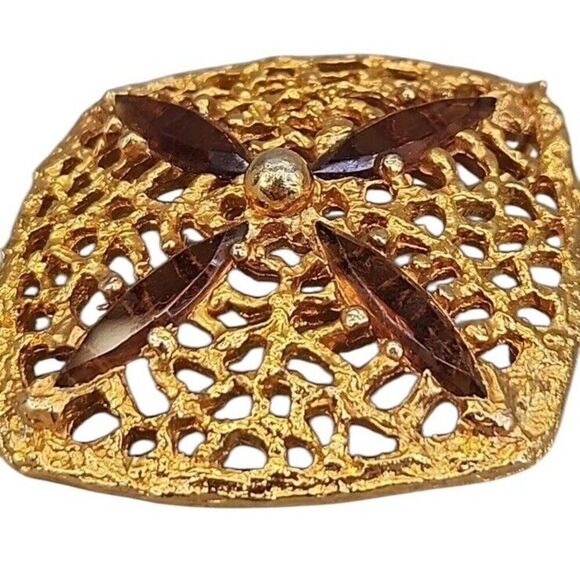 Gold Tone Sand Dollar Brooch Pendant Brown Amber Marquise Glass Open Work SHP - Picture 3 of 5